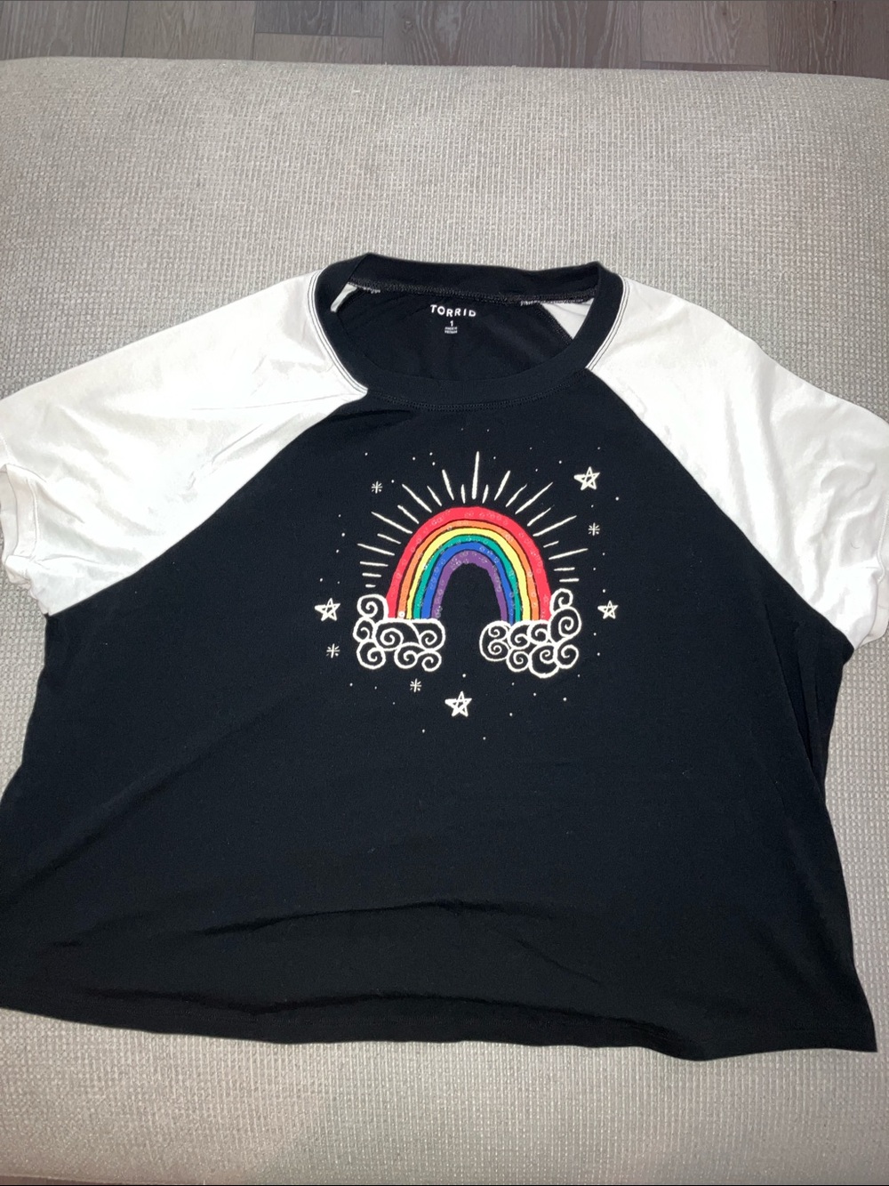 Torrid Black and White Raglan Tee with Rainbow Graphic